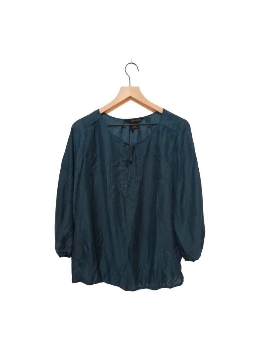 CALVIN Klein Jeans Teal 3/4 Sleeve Sheer Half Button Tie Neck Blouse Sz L